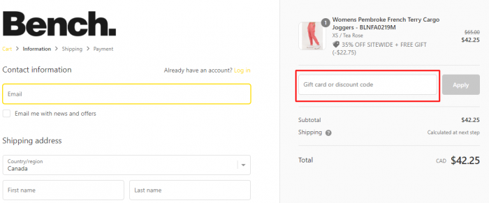 How to use Bench Canada coupon code