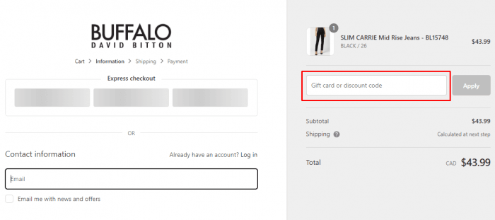 How to use Buffalo David Bitton Canada coupon code