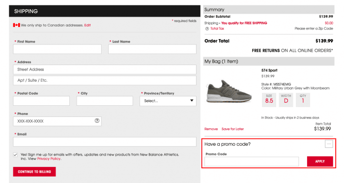 How to use New Balance Canada coupon code