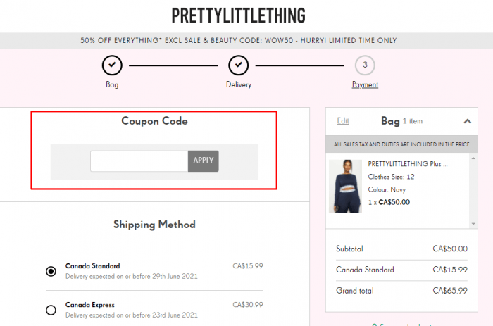 How to use PrettyLittleThing Canada coupon code