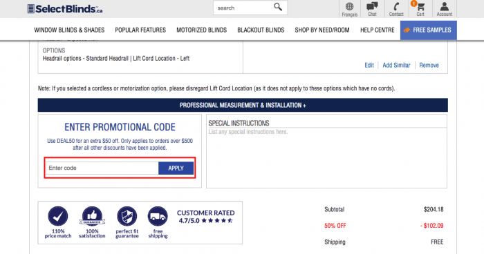 How to use Select Blinds Canada coupon code