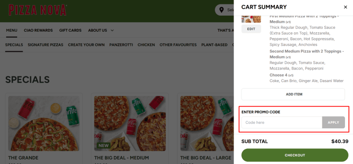 How to use Pizza Nova coupon code