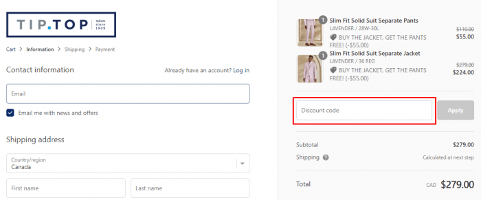 How to use Tip Top Tailors coupon code
