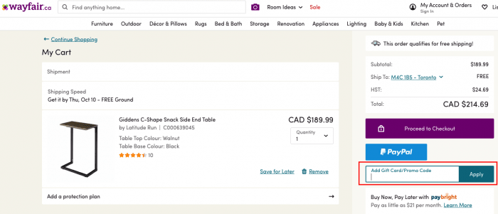 How to use Wayfair Canada coupon code